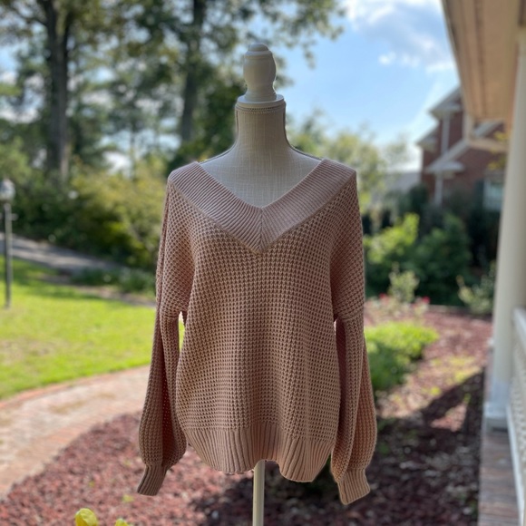 NWOT Blush/Dusty Pink Waffle-knit Double V-Neck Sweater. XS - Picture 3 of 13